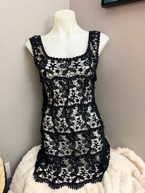 Solitaire by Ravi Khosla, Black Sheer Lace Dress Floral Crochet Grunge Festival